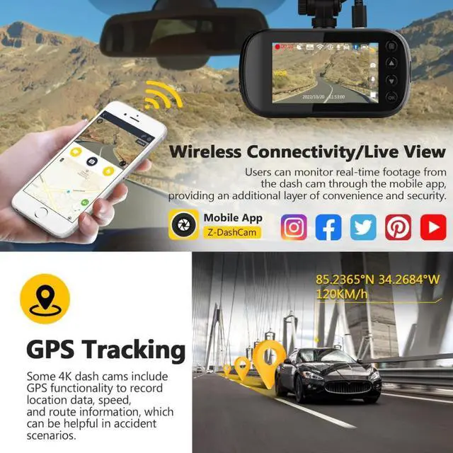 Alt view image 3 of 7 - Z-EDGE Z3D-WiFi Dual Dash Cam, 4K UHD Front + 1080P Rear, GPS, Parking Mode, GSensor, Night Vision, Loop Recording, Built-in Speaker and Microphone, Supports Smartphone App