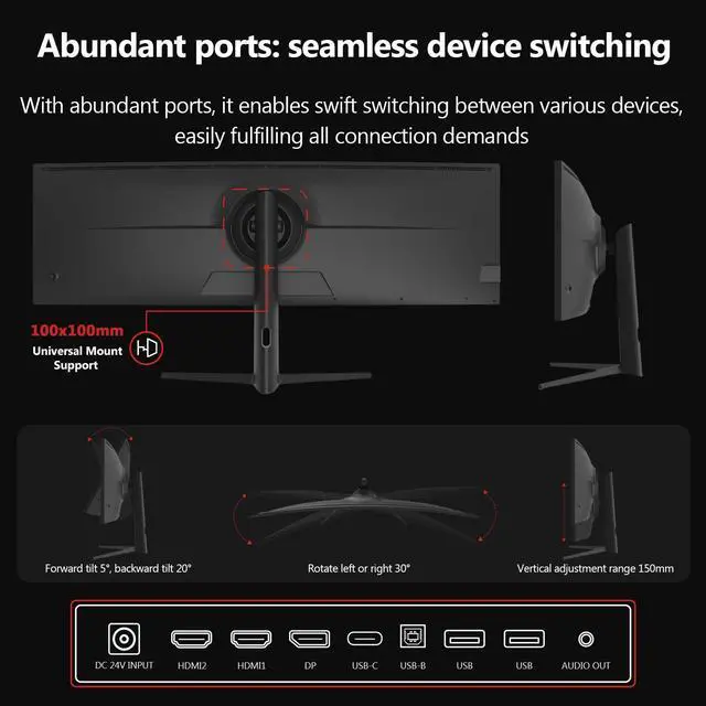 Alt view image 7 of 7 - Z-EDGE UG49W 49" Super Ultra Wide DQHD 5120x1440 144Hz 1ms 3800R Curved Gaming Monitor, HDMI2.1 + DP1.4 + USB-C, 1.07B Colors (10bit), Adjustable Stand