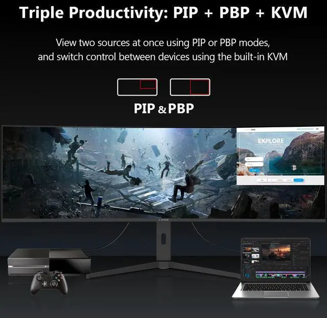 Alt view image 4 of 7 - Z-EDGE UG49W 49" Super Ultra Wide DQHD 5120x1440 144Hz 1ms 3800R Curved Gaming Monitor, HDMI2.1 + DP1.4 + USB-C, 1.07B Colors (10bit), Adjustable Stand