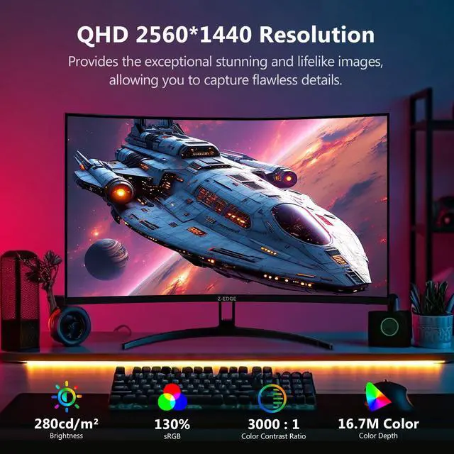 Alt view image 3 of 7 - Z-EDGE 32" 2560 x 1440 QHD 170Hz 1ms 2K Curved Gaming Monitor, HDMI x 2, DP x 2, FreeSync Compatible, Support Wall Mount