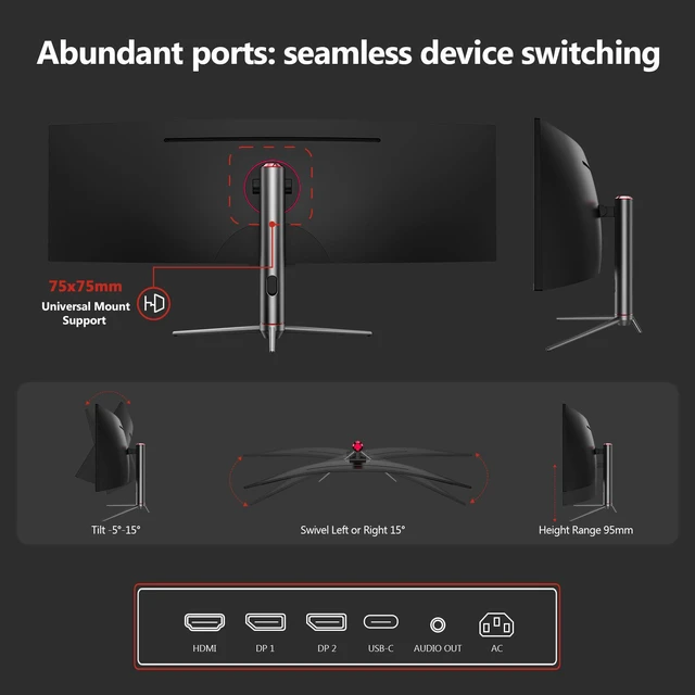 Alt view image 7 of 7 - Z-EDGE UG49P 49" Ultra-Wide 32:9 DQHD 5120x1440 240Hz 1ms 1800R Curved Gaming Monitor, 1.07B (8-bit+FRC) Display Colors, HDMI x1 / DP x2 / USB-C x1, Adjustable Base