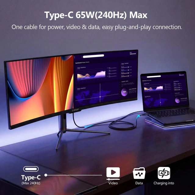Alt view image 4 of 7 - Z-EDGE UG49P 49" Ultra-Wide 32:9 DQHD 5120x1440 240Hz 1ms 1800R Curved Gaming Monitor, 1.07B (8-bit+FRC) Display Colors, HDMI x1 / DP x2 / USB-C x1, Adjustable Base