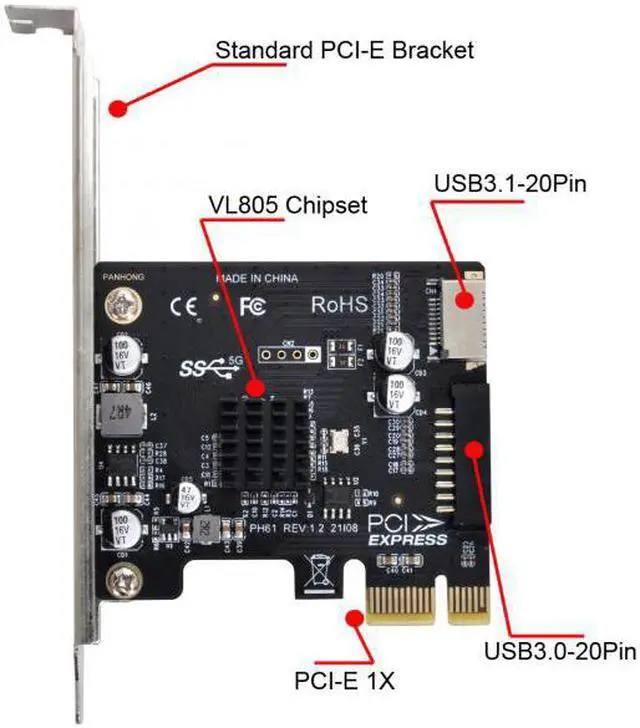 Alt view image 7 of 7 - HKCY UC-039 5Gbps Type-E USB 3.1 Front Panel SocketUSB 2.0 to PCI-E 1X Express Card VL805 Adapter for Motherboard