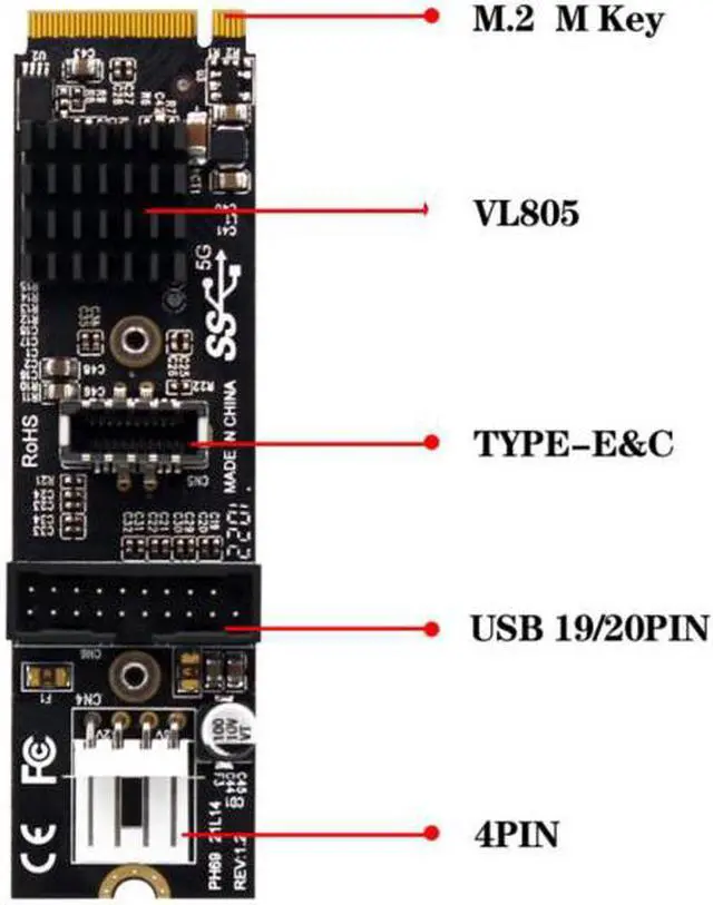 Alt view image 4 of 7 - Jimier CY EP-018 5Gbps Type-E USB 3.1 Front Panel SocketUSB 2.0 to NVME NGFF M-Key Express Card VL805 Adapter for Motherboard