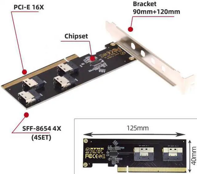 Alt view image 2 of 7 - Chenyang Cable Four Slimline SFF-8654 4X 4 NVME to PCIE Express 3.0 4.0 Raid Card VROC Raid0 Hyper Adapter