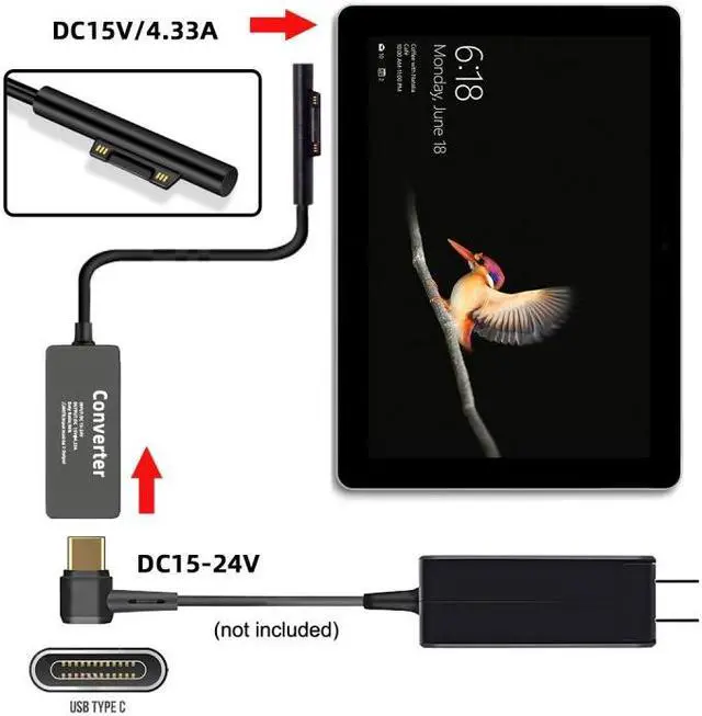 Alt view image 7 of 7 - Jimier Type-C USB-C Female 65W DC 15V to Surface Pro3 Pro4 Pro5 Pro6 Pro7 Pro8 Pro9 Book Pro Charge Cable