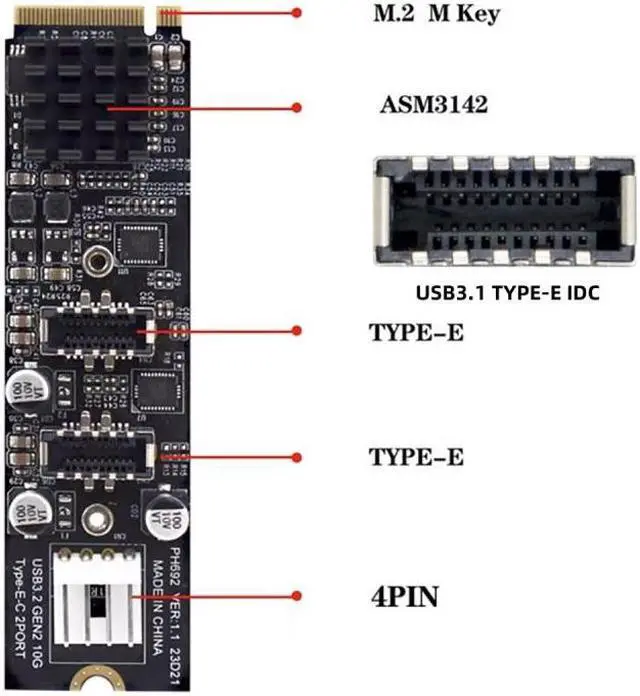 Alt view image 2 of 7 - Xiwai 10Gbps Dual Type-E USB 3.1 Front Panel Socket to NVME NGFF M-Key Express Card Adapter for Motherboard