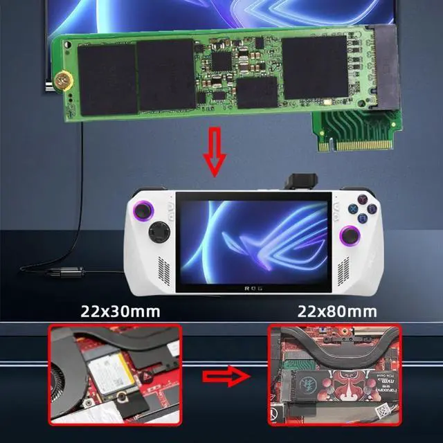 Alt view image 5 of 7 - Chenyang NVME M-Key 22x30mm to 22x80mm Angled Extension SSD Upgrade Adapter Compatible with ROG Ally Gaming