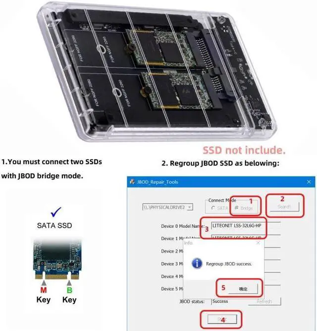 Alt view image 7 of 7 - HKCY Dual NGFF B+M-Key M.2 SSD Card JBOD Raid0 Span Bridge to USB3.0 Type-C USB-C 2.5inch SATA Combo Enclosure