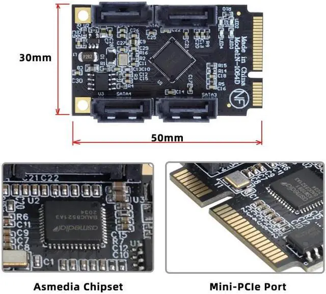 Alt view image 4 of 7 - Cablecc Mini PCI-E PCI Express to SATA 3.0 Four Ports Adapter Converter 6Gbps Hard Drive Extension Card for SSD