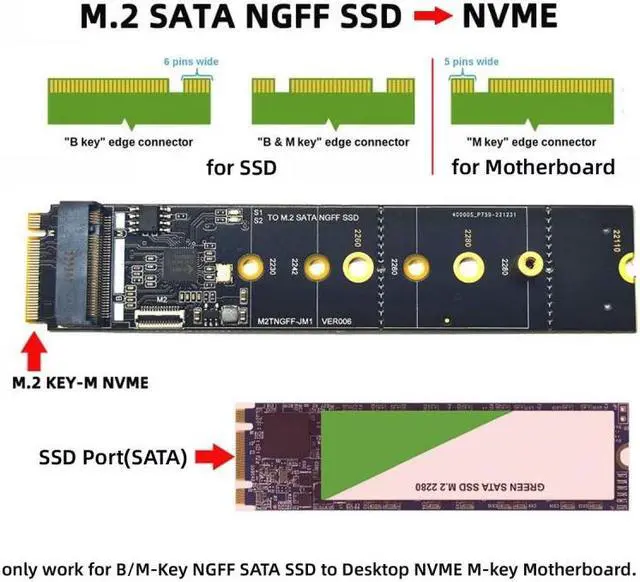 Alt view image 6 of 7 - Xiwai SATA NGFF Key B+M SSD to NVME M-key Motherboard Desktop Adapter Converter SSD Card JMB582 2280