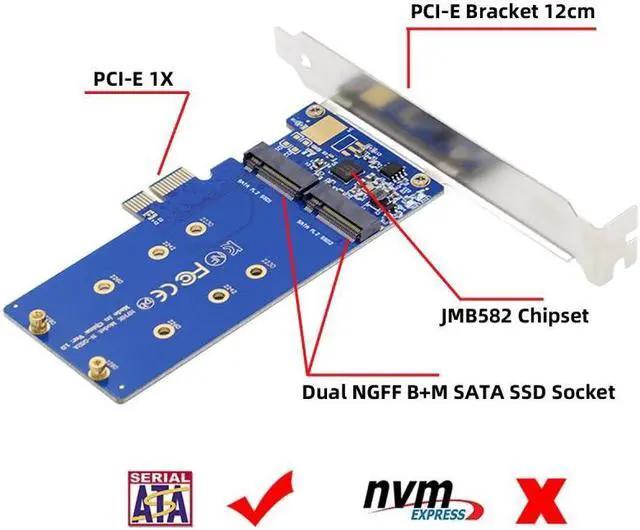 Alt view image 7 of 7 - Chenyang Dual SATA NGFF Key B+M SSD to PCI-E 1x Motherboard Desktop Adapter Converter SSD Card JMB582 2280