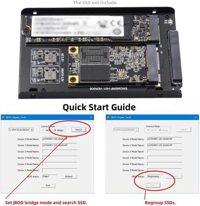 Alt view image 5 of 7 - Jimier Dual MSATA NGFF B+M SSD Card JBOD Raid0 Span Bridge to 2.5inch SATA Combo HDD Disk Drive Enclosure