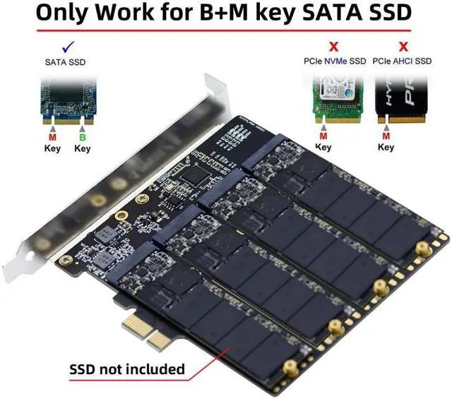 Alt view image 4 of 7 - Jimier Four SATA NGFF Key B+M SSD to PCI-E 1x Mainboard Desktop Adapter Converter SSD Card ASM1064 2280