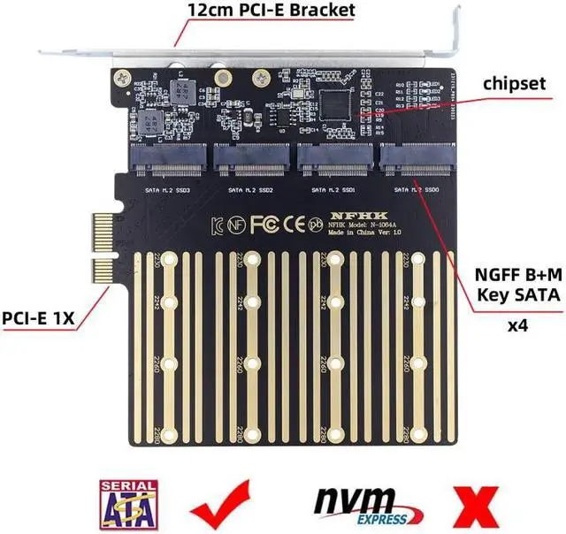 Alt view image 7 of 7 - Jimier Four SATA NGFF Key B+M SSD to PCI-E 1x Mainboard Desktop Adapter Converter SSD Card ASM1064 2280