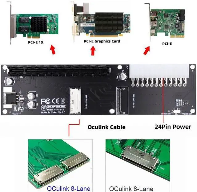 Alt view image 5 of 7 - Chenyang 8x Oculink SFF-8612 8611 to PCIE PCI-Express 16x Adapter with ATX 24pin Power Port for Mainboard Graphics Card