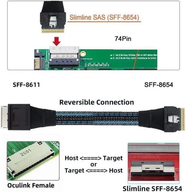 Alt view image 3 of 7 - Chenyang Oculink PCIe PCI-Express SFF-8611 8i to SFF-8654 8i 8x Slimline SSD Data Active Cable 50cm