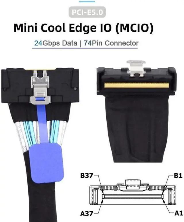 Alt view image 4 of 7 - Chenyang PCI-E 5.0 Mini Cool Edge IO MCIO Angled PCI-E Slimline SAS 8i 74Pin Male to MCIO 74Pin Male Extender Cable 35cm