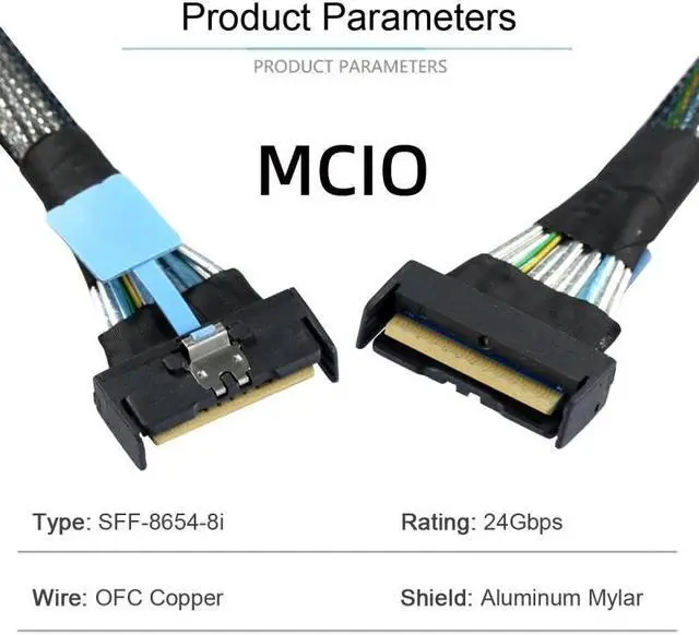Alt view image 6 of 6 - Chenyang PCI-E 5.0 Mini Cool Edge IO MCIO STR PCI-E Slimline SAS 8i 74Pin Male to MCIO 74Pin Male Extender Cable 50cm