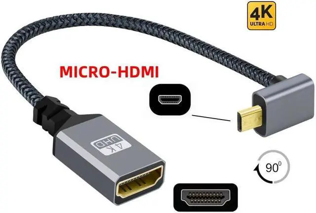 Alt view image 2 of 7 - HKCY 4K Type-D Micro HDMI 1.4 Male 90 Degree Up Angled to HDMI Female Extension Cable for DV MP4 Camera DC Laptop
