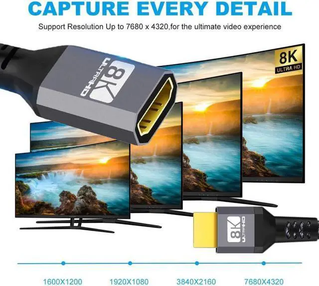 Alt view image 7 of 7 - Cablecc HDMI 2.1 UHD 8K Extension Cable Male to Female Ultra-HD 8K 60hz 4K 120hz Cable 48Gbs with Audio 3D HDMI Cord