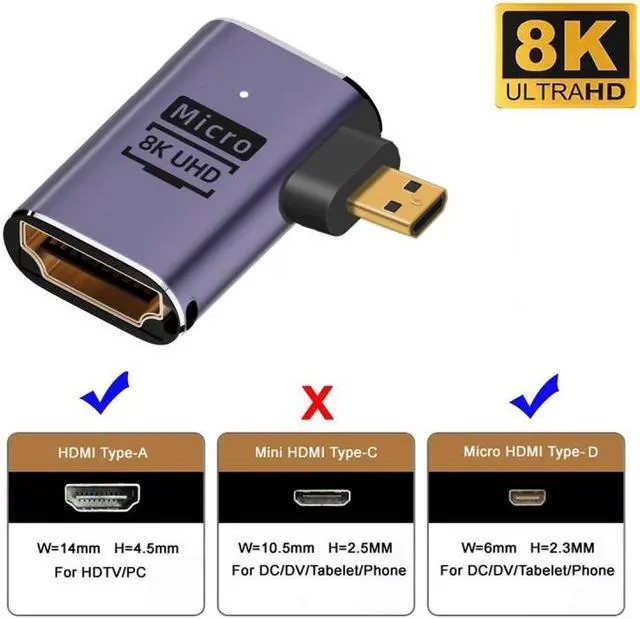 Alt view image 3 of 7 - Jimier Right Angled Micro HDMI Male to HDMI 2.1 Female UHD Extension Gold Converter Adapter Support 8K 60hz HDTV