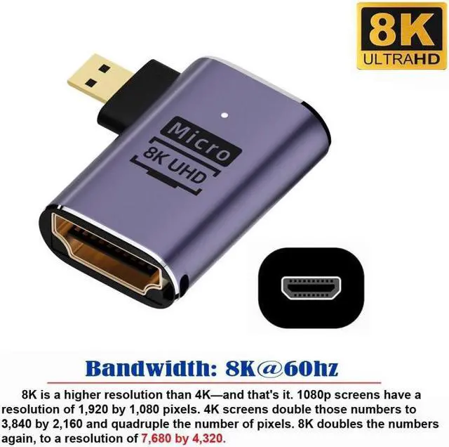 Alt view image 2 of 7 - Cablecc Left Angled Micro HDMI Male to HDMI 2.1 Female UHD Extension Gold Converter Adapter Support 8K 60hz HDTV