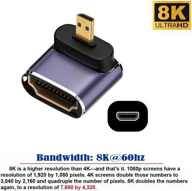 Alt view image 3 of 7 - Cablecc Up Angled Micro HDMI Male to HDMI 2.1 Female UHD Extension Gold Converter Adapter Support 8K 60hz HDTV