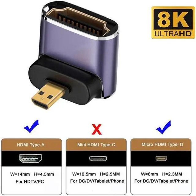 Alt view image 4 of 7 - Cablecc Up Angled Micro HDMI Male to HDMI 2.1 Female UHD Extension Gold Converter Adapter Support 8K 60hz HDTV