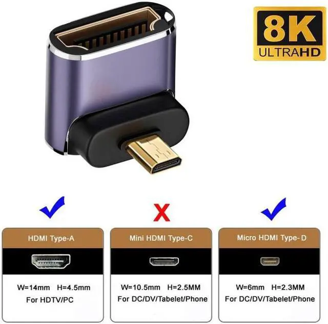 Alt view image 4 of 7 - Chenyang Down Angled Micro HDMI Male to HDMI 2.1 Female UHD Extension Gold Converter Adapter Support 8K 60hz HDTV