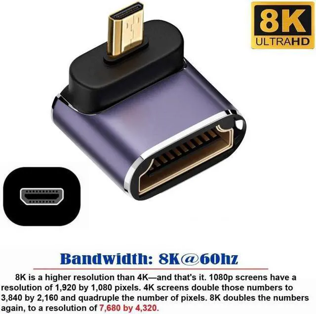 Alt view image 2 of 7 - Chenyang Down Angled Micro HDMI Male to HDMI 2.1 Female UHD Extension Gold Converter Adapter Support 8K 60hz HDTV