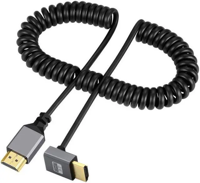 Main image of HKCY HDMI 2.0 Male to HDMI Male 4K 60hz Stretch Coiled Cable Down Angled 90 Degree for HDTV Computer Laptop Monitor