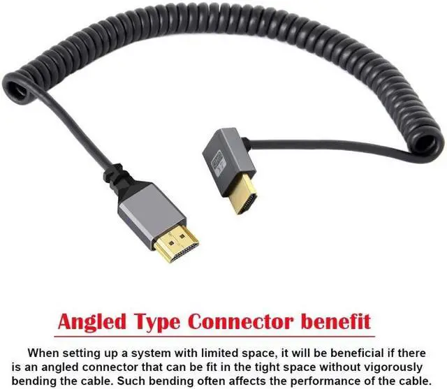 Alt view image 2 of 7 - HKCY HDMI 2.0 Male to HDMI Male 4K 60hz Stretch Coiled Cable Down Angled 90 Degree for HDTV Computer Laptop Monitor
