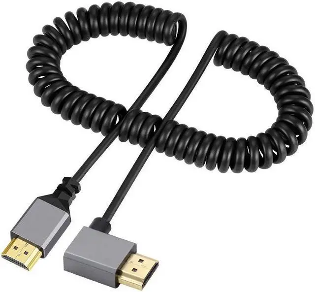 Main image of HKCY HDMI 2.0 Male to HDMI Male 4K 60hz Stretch Coiled Cable Right Angled 90 Degree for HDTV Computer Laptop Monitor