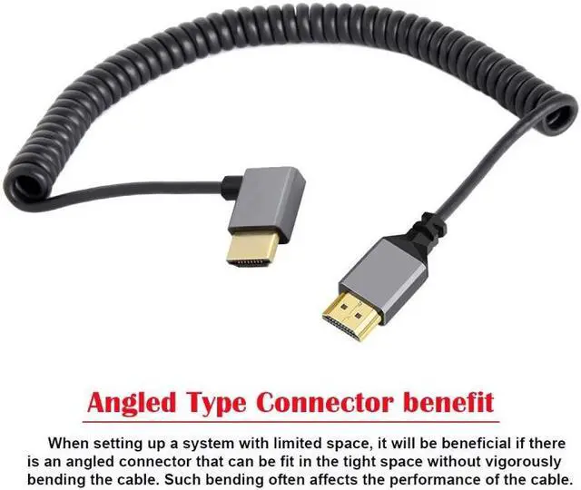 Alt view image 2 of 7 - HKCY HDMI 2.0 Male to HDMI Male 4K 60hz Stretch Coiled Cable Right Angled 90 Degree for HDTV Computer Laptop Monitor