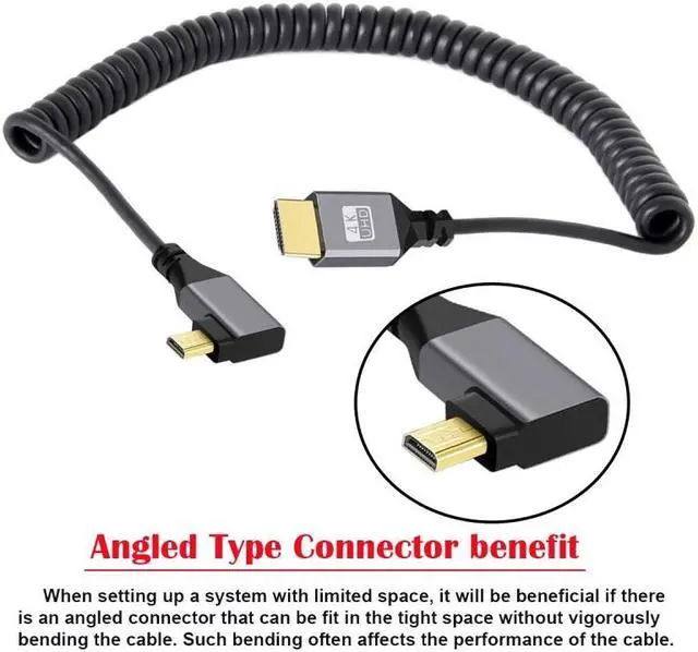 Alt view image 2 of 7 - Jimier Micro HDMI 2.0 Male to HDMI Male 4K 60hz Stretch Coiled Cable Left Angled 90 Degree for HDTV Computer Laptop Monitor