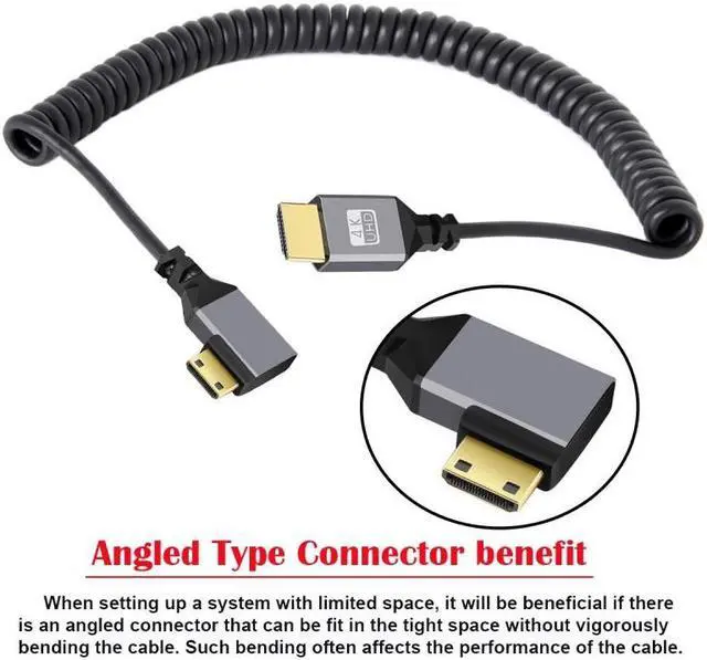 Alt view image 5 of 7 - Cablecc Mini HDMI 2.0 Male to HDMI Male 4K 60hz Stretch Coiled Cable Right Angled 90 Degree for HDTV Computer Laptop Monitor