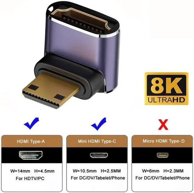 Alt view image 2 of 7 - Jimier Up Angled Mini HDMI Male to HDMI 2.1 Female UHD Extension Gold Converter Adapter Support 8K 60hz HDTV