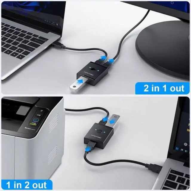 Alt view image 6 of 7 - Jimier Cable KVM USB 3.0 Bidirectional Switch Selector 2 to 1 PCs Sharing or 1 to 2 Hub for Keyboard Mouse Scanner Printer