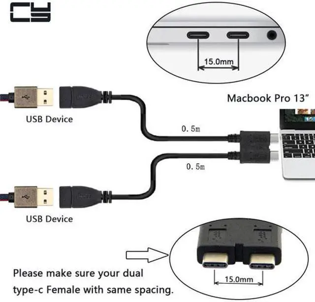 Alt view image 5 of 6 - CYSM Dual Cable USB 3.1 Type-C to 3.0 A Female OTG Data Cable for New 13 inch Macbook Pro