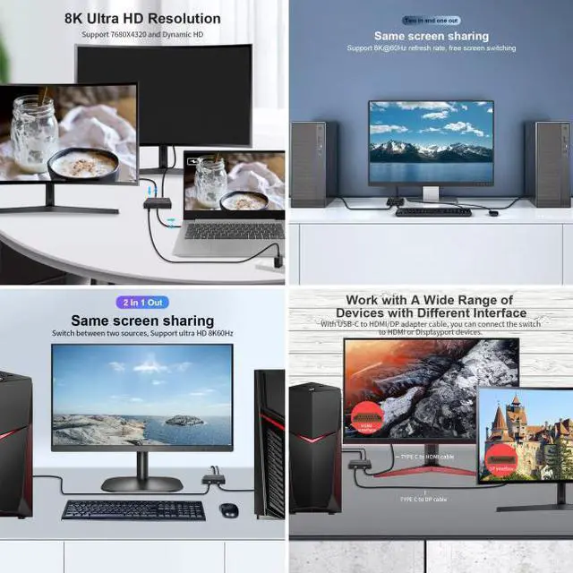 Main image of Chenyang Cable USB-C Type-C Bi-Direction Switch MST 1 to 2 Hub Support Video Data PD 8K@30hz 100W 10Gbps
