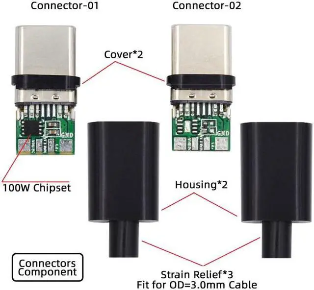 Alt view image 5 of 7 - Jimier 2sets/lot DIY OEM 24pin Connector Plug USB Type C USB-C Male to USB-C Male 100W PD USB2.0 Data with Housing Cover