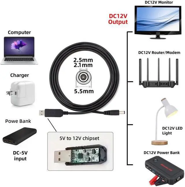 Alt view image 3 of 7 - Cablecc USB 2.0 Type-A DC5V to DC12V 5.5x2.1mm 5.5x2.5mm Voltage Riser Boost Power Plug Barrel Connector Cable 100cm