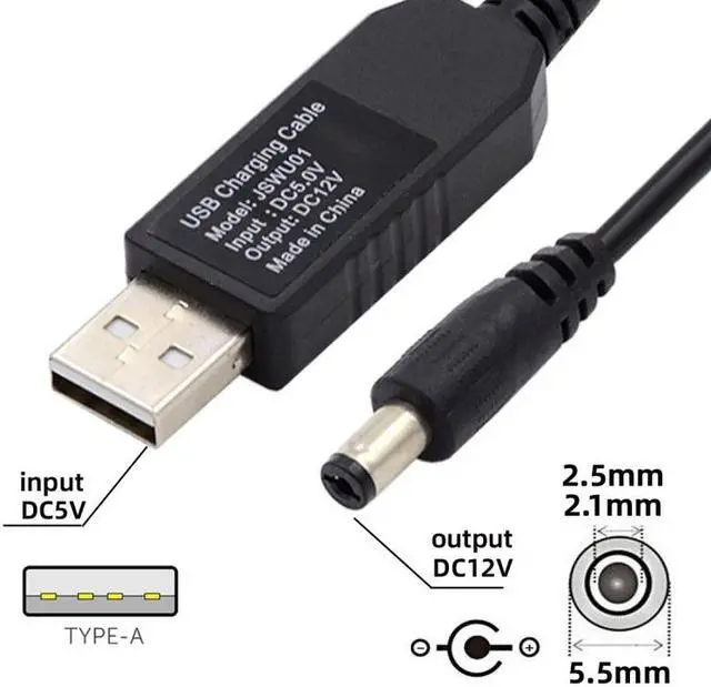 Alt view image 4 of 7 - Cablecc USB 2.0 Type-A DC5V to DC12V 5.5x2.1mm 5.5x2.5mm Voltage Riser Boost Power Plug Barrel Connector Cable 100cm