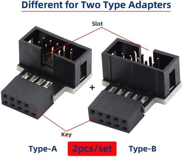 Alt view image 3 of 7 - Jimier 1set Down & Up Angled USB 2.0 10Pin 9Pin Header Male to Female Extension Adapter 90 Degree for Motherboard