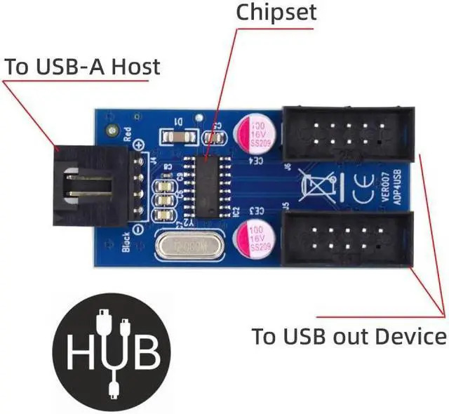 Alt view image 6 of 7 - Xiwai USB 2.0 Type-A Male 1 to 2 Female Motherboard 9pin Header Extension HUB Connector Adapter Port Multilier