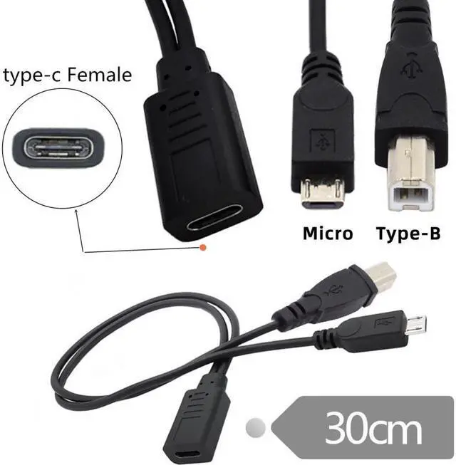 Alt view image 3 of 7 - Jimier Type-C USB-C Female to USB2.0 Standard Type-B & Micro USB Male Splitter Extension Charge Cable