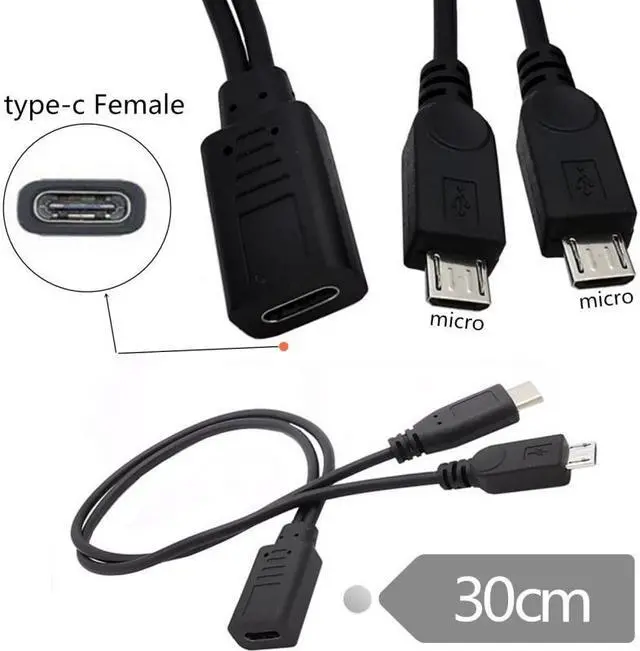 Alt view image 3 of 7 - Jimier Type-C USB-C Female DC 5V to Dual Micro USB 5Pin Male Splitter Extension Charge Cable