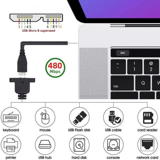 Alt view image 7 of 7 - Jimier Micro USB 2.0 5Pin Male to Micro 3.0 Type-B Female Screw Mount Type Extension Cable 480Mbps