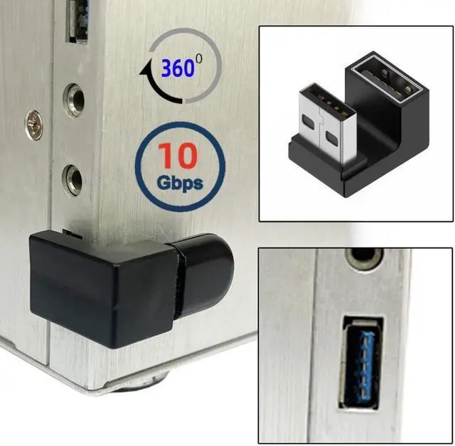 Alt view image 3 of 7 - Jimier 10Gbps USB3.0 Male to Female Extension Power Data Video Adapter 360 Degree Up Opposite U Shape Back Angled